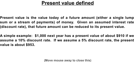 (Move mouse away to close this) Present value is the value today of a future amount (either a single lump sum or a stream of payments) of money.  Given an assumed interest rate (discount rate), that future amount can be reduced to its present value.  A simple example:  $1,000 next year has a present value of about $910 if we assume a 10% discount rate.  If we assume a 5% discount rate, the present value is about $953. Present value defined