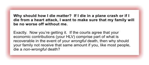 Why should how I die matter?  If I die in a plane crash or if I die from a heart attack, I want to make sure that my family will be no worse off without me.  Exactly.  Now you�re getting it.  If the courts agree that your economic contributions (your HLV) comprise part of what is recoverable in the event of your wrongful death, then why should your family not receive that same amount if you, like most people, die a non-wrongful death?